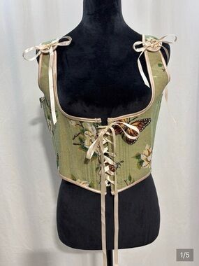 Vintage Renaissance Floral Tapestry Corset Green Butterfly Lace Up Bustier 1477